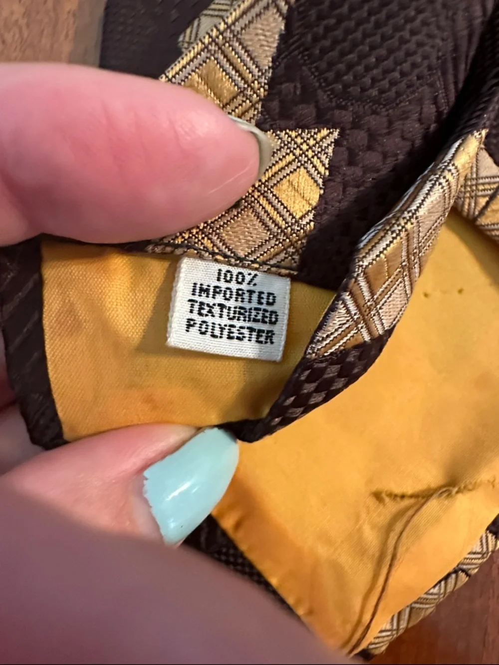 Vintage 70s Damon Brown Textured Polyester Tie with Gold Diamond Plaid Motif‎